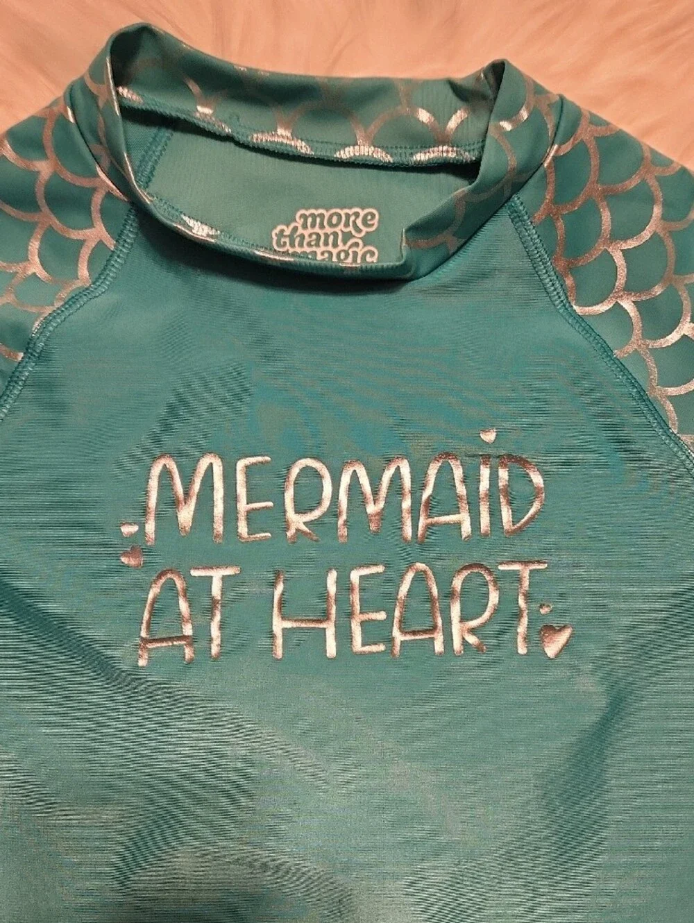 Mermaid At Heart Teal Rash Guard Top - Girls Size 10-12 - Like New